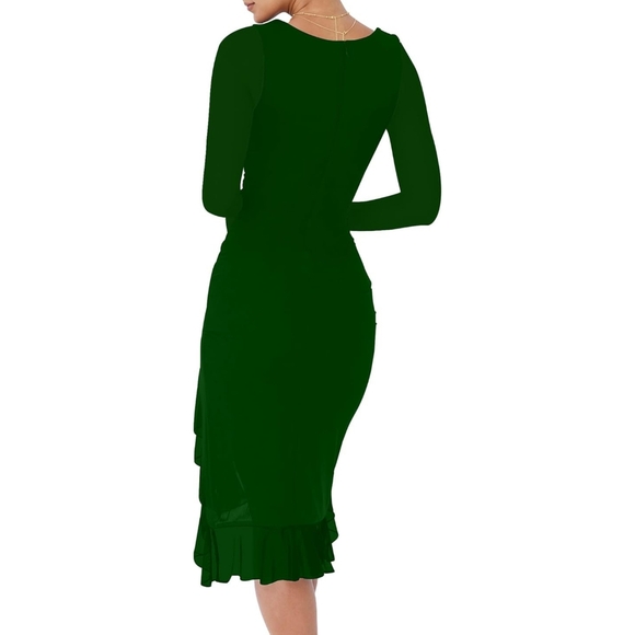 Green Long Sleeve Square Neck Dress, Ruched Mesh Long Sleeve Bodycon Midi Dress - Picture 4 of 7